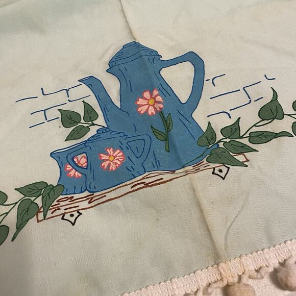 Vintage Retro MCM 60s 70s Square Linen Tablecloth 41x41” Hand painted Teapots - Picture 4 of 9